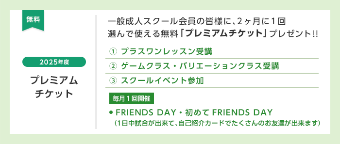 無料 2024年度限定 プレミアムチケット 一般成人スクール会員の皆様に、2ヶ月に1回選んで使える無料「プレミアムチケット」プレゼント！！ （1）プラスワンレッスン受講 （2）ゲームクラス・バリエーションクラス受講 （3）スクールイベント参加 毎月1回開催 ・FRIENDS DAY・初めてFRIENDS DAY（1日中試合が出来て、自己紹介カードでたくさんのお友達が出来ます）